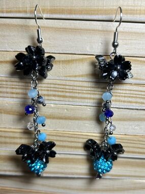 3/$25 Black Flowers with Blue Accents Drop Earrings